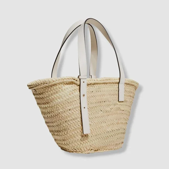 $245 Poolside Women's Beige The Essaouira Straw Medium Leather Tote Bag Purse - Picture 2 of 6